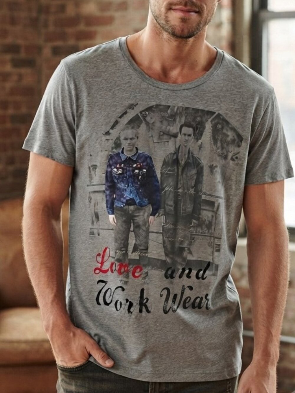 Diesel Y2K Gray Flocked Graphic T-Shirt Mens XL Love Work Wear Short Sleeve